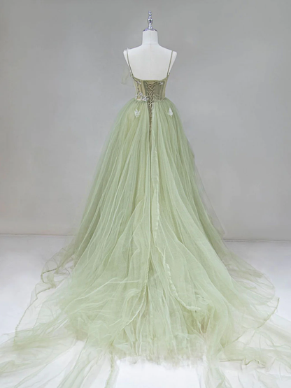 Tüll Langes Ballkleid A-Linie Grün Langes Abendkleid P1976