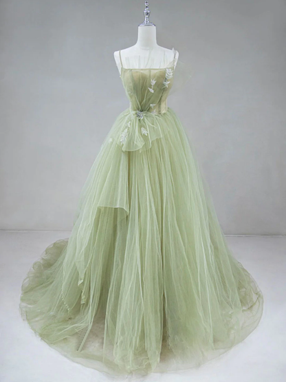 Tüll Langes Ballkleid A-Linie Grün Langes Abendkleid P1976
