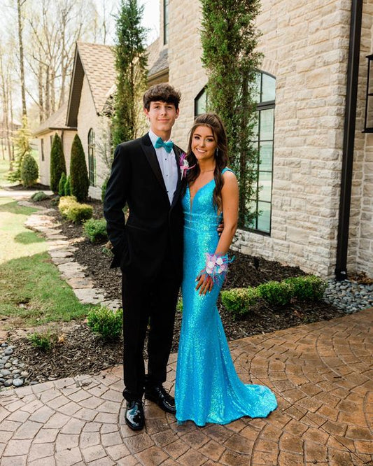 Sexy Mermaid V neckline Blue Sequin Prom Dresses Evening Dress P1995