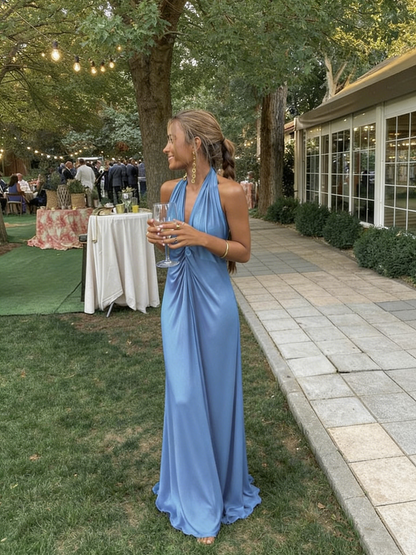 Simple Sheath Blue V Neckline Long Prom Dresses Evening Dress P2000