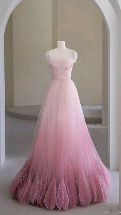 Prinzessin A-Linie Rosa Tüll Ballkleider Langes Abendkleid P2028
