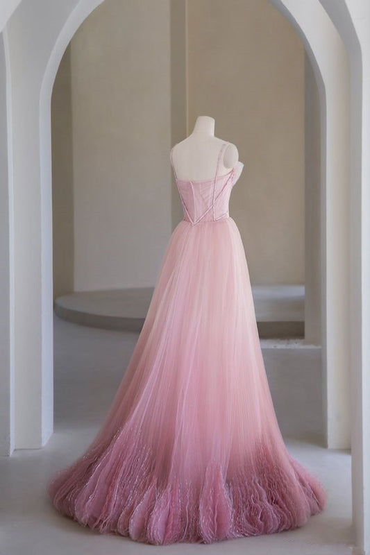 Princess A Line Pink Tulle Prom Dresses Long Evening Dress P2028