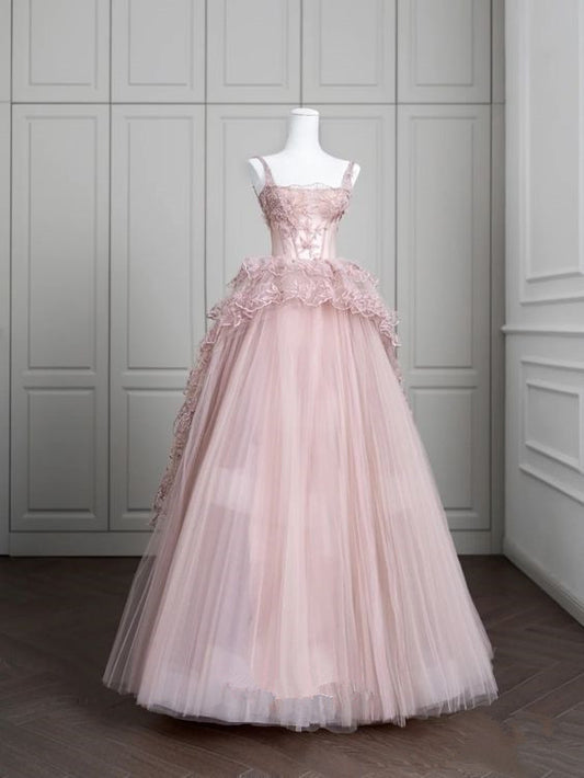 Princess Ball Gown Pink Tulle Prom Dresses Long Evening Dress P2029
