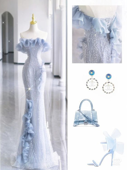 Meerjungfrau Trägerloses Blaues Pailletten Ballkleid Abendkleid P2038