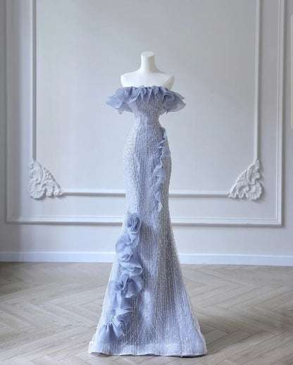 Meerjungfrau Trägerloses Blaues Pailletten Ballkleid Abendkleid P2038