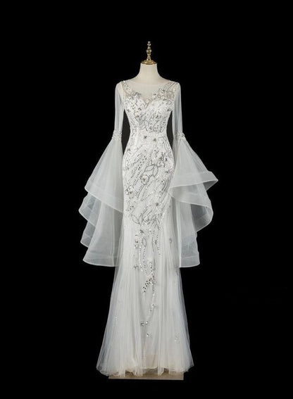 Robes de mariée sirène vintage à manches longues blanches P2071
