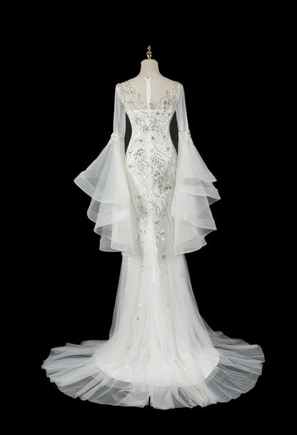 Robes de mariée sirène vintage à manches longues blanches P2071