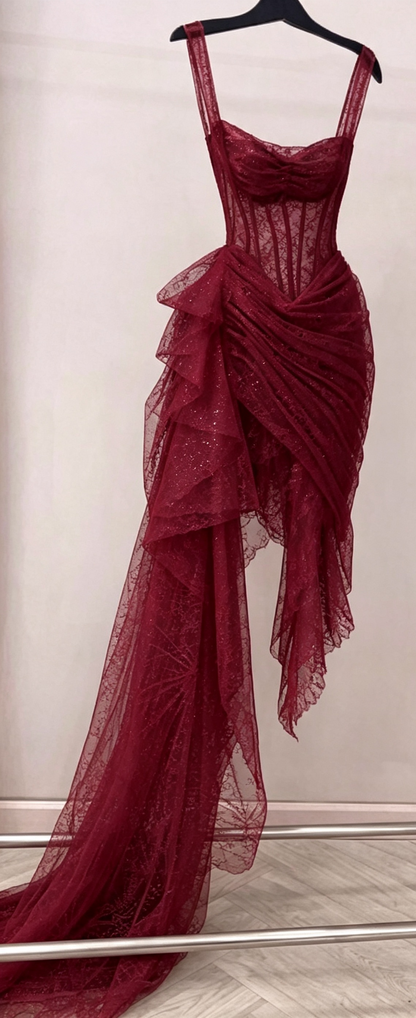 Sexy High Low Straps Lace Prom Dresses 21th Birthday Outfit P2075