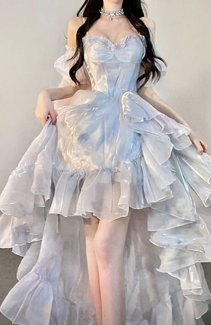 Robes de bal bleues sexy avec bretelles courtes et longues pour tenue d'anniversaire des 21 ans P2078