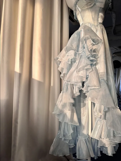 Robes de bal bleues sexy avec bretelles courtes et longues pour tenue d'anniversaire des 21 ans P2078