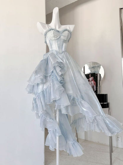 Robes de bal bleues sexy avec bretelles courtes et longues pour tenue d'anniversaire des 21 ans P2078