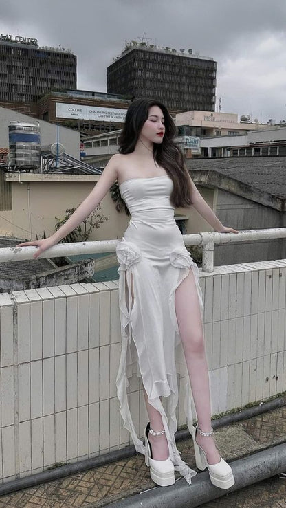 Sexy High-Low Trägerloses Weißes Abschlussballkleid Outfit zum 21. Geburtstag P2079