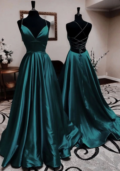 Robes de bal sexy trapèze en satin vert foncé dos nu Tenue d'anniversaire 21 ans P2108