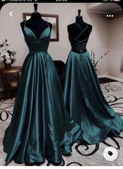Robes de bal sexy trapèze en satin vert foncé dos nu Tenue d'anniversaire 21 ans P2108