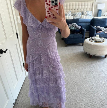 Lilac Lace Long prom Dress Party Dress 21th Birthday Outfits P2109
