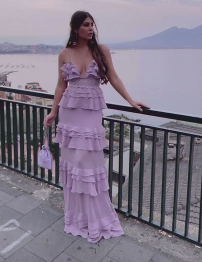 Elegantes, langes A-Linien-Ballkleid aus Chiffon in Lila für den 22. Geburtstag Outfits P2122