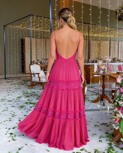 Elegantes, langes, gestuftes, heißrosafarbenes Spitzen-Abschlussballkleid in A-Linie, Outfits zum 22. Geburtstag P2126