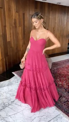 Elegantes, langes, gestuftes, heißrosafarbenes Spitzen-Abschlussballkleid in A-Linie, Outfits zum 22. Geburtstag P2126