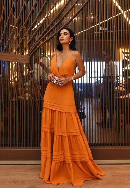 Élégante Robe de Bal Longue Orange à Bretelles Coupe A pour 22e Anniversaire P2130
