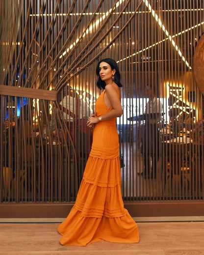 Élégante Robe de Bal Longue Orange à Bretelles Coupe A pour 22e Anniversaire P2130