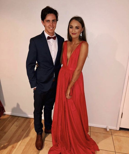 Elegant A line V Neckline Long Red Prom Dress 22th Birthday Outfits P2131