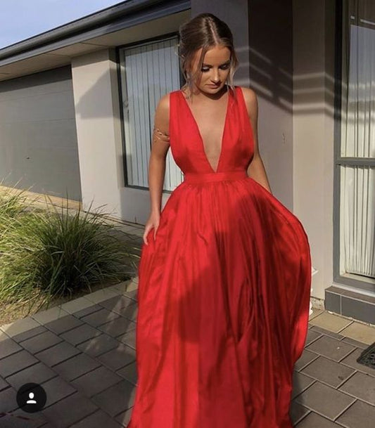 Elegant A line V Neckline Long Red Prom Dress 22th Birthday Outfits P2131