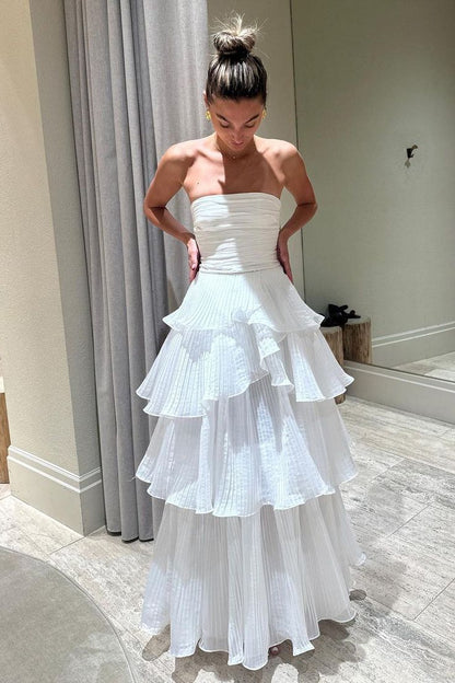 Elegant Ball Gown 2 Pieces Long White Tiered Prom Dress 21th Birthday Outfits P2144