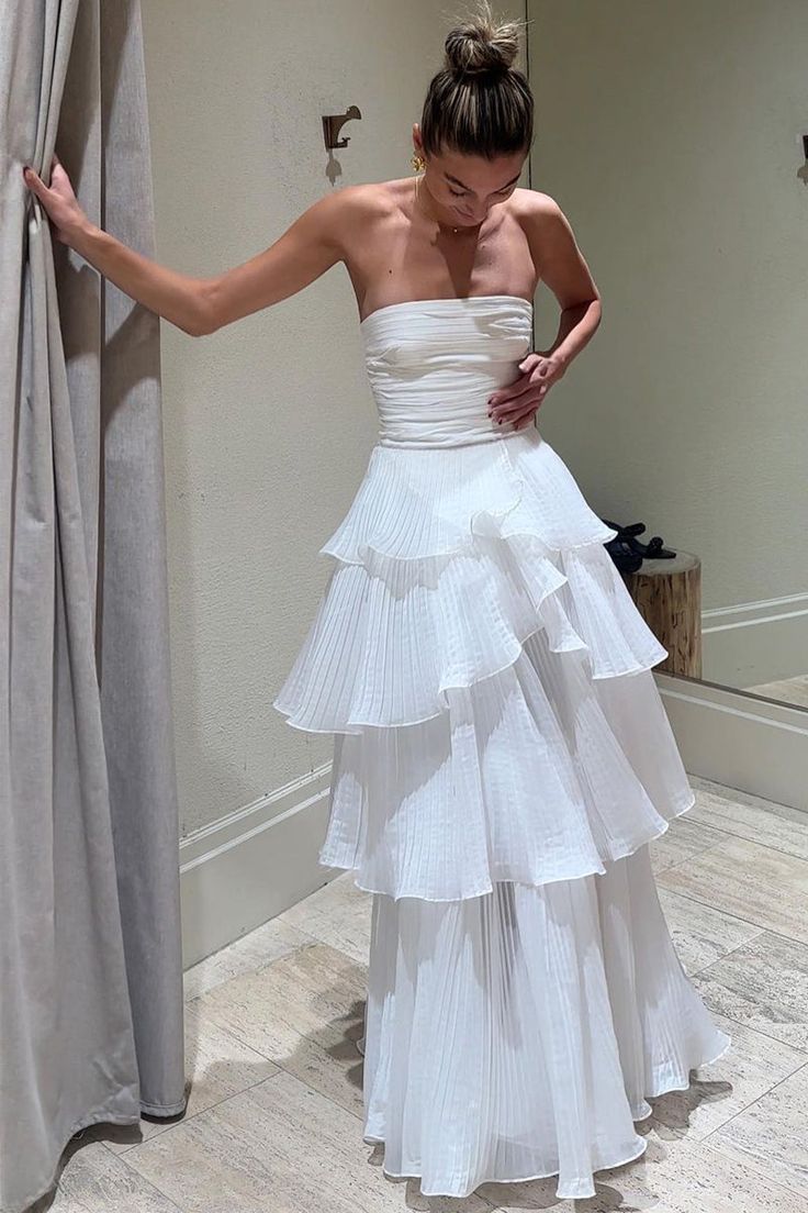 Elegant A line Long White Tiered Prom Dress 21th Birthday Outfits P2144