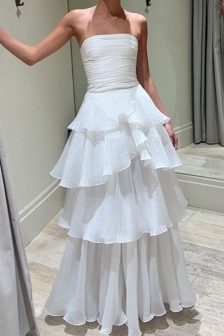 Elegant A line Long White Tiered Prom Dress 21th Birthday Outfits P2144