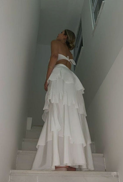 Élégante robe de bal longue bustier blanche étagée en 2 pièces pour 21ème anniversaire P2146