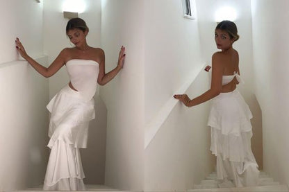 Élégante robe de bal longue bustier blanche étagée en 2 pièces pour 21ème anniversaire P2146