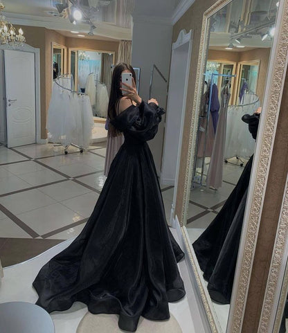A line Off The Shoulder Long Sleeves Black Slit Prom Dress 21th Birthd PreppyDress A line Off The Shoulder Long Sleeves Black Slit Prom Dress 21th Birthd PreppyDress