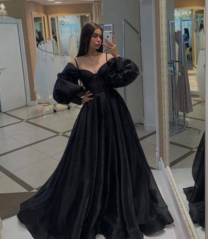 A line Off The Shoulder Long Sleeves Black Slit Prom Dress 21th Birthd – PreppyDress