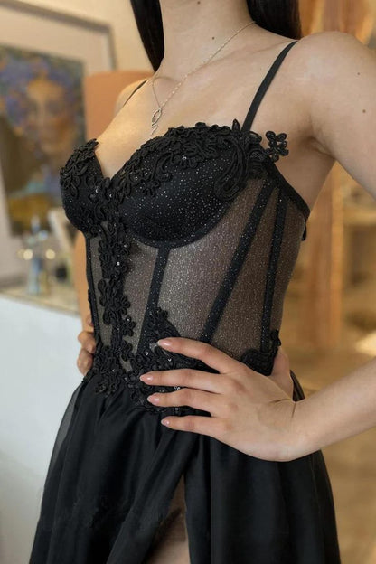 Sexy A-Linien langes schwarzes Tüll-Ballkleid Outfits zum 21. Geburtstag P2186