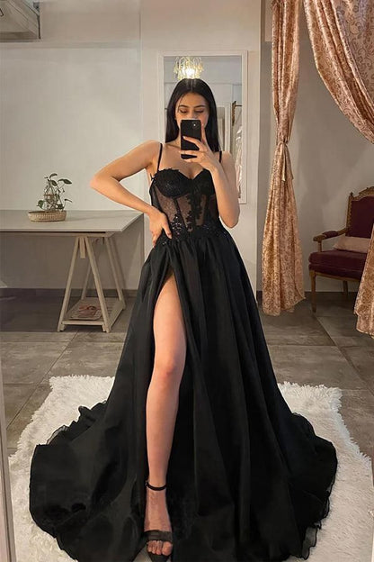 Sexy A-Linien langes schwarzes Tüll-Ballkleid Outfits zum 21. Geburtstag P2186