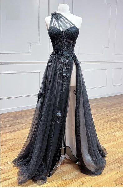 One Shoulder Black Lace Floral Long Prom Dresses with High Slit 21th  Birthday Outfits P2187 - AS PHOTO / US2