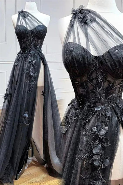 One Shoulder Schwarze Spitze Blumen Lange Abschlussballkleider mit hohem Schlitz Outfits zum 21. Geburtstag P2187