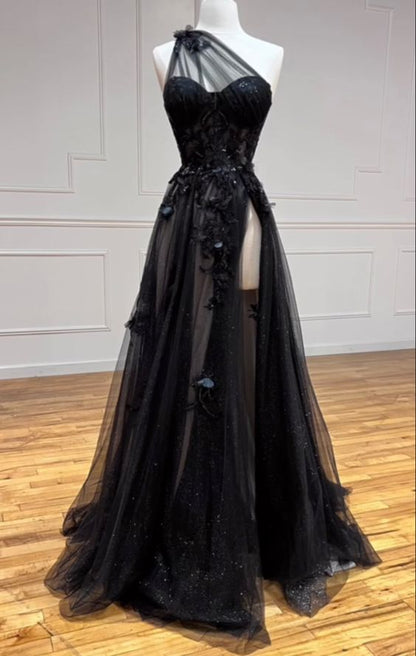 One Shoulder Schwarze Spitze Blumen Lange Abschlussballkleider mit hohem Schlitz Outfits zum 21. Geburtstag P2187
