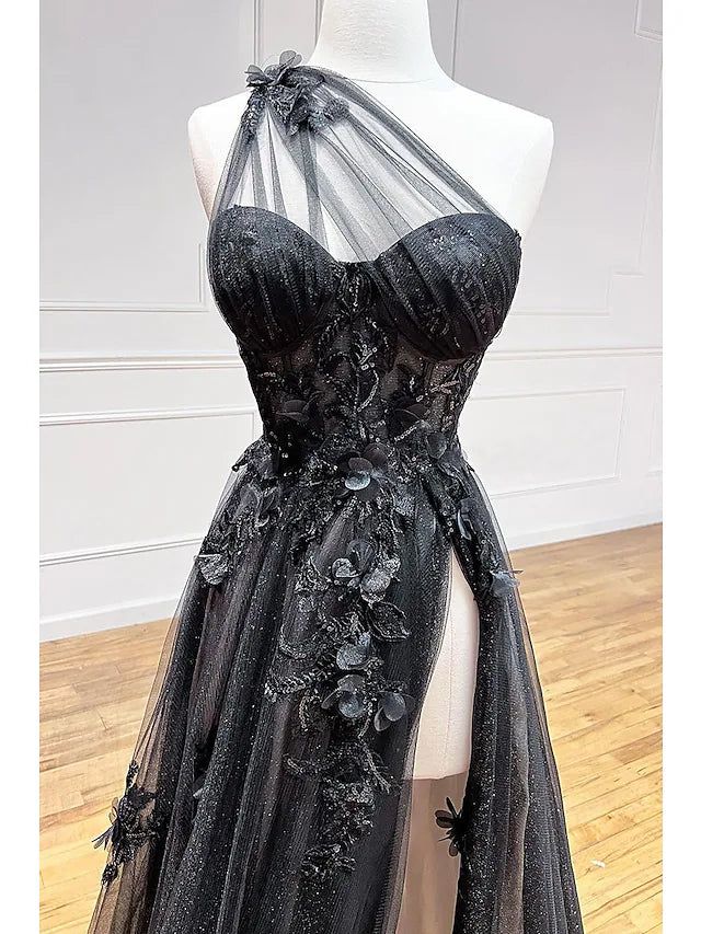 One Shoulder Black Lace Floral Long Prom Dresses with High Slit 21th B – PreppyDress