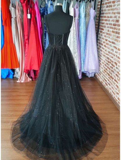 Sexy A-Linien langes schwarzes Tüllkleid mit Schlitz für den Abschlussball, Outfits zum 21. Geburtstag P2191