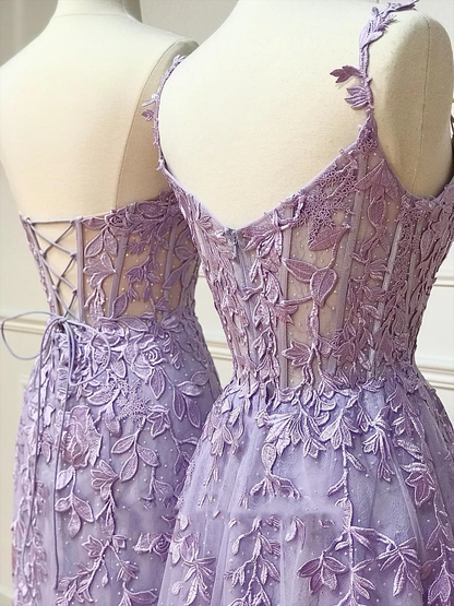 Einfaches langes lilafarbenes Spitzen-Abendkleid P2192