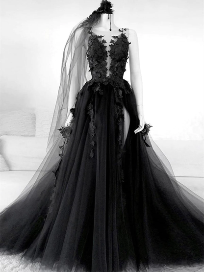 Schwarzes V-Ausschnitt rückenfreies Spitzen-Ballkleid Outfits zum 21. Geburtstag P2193