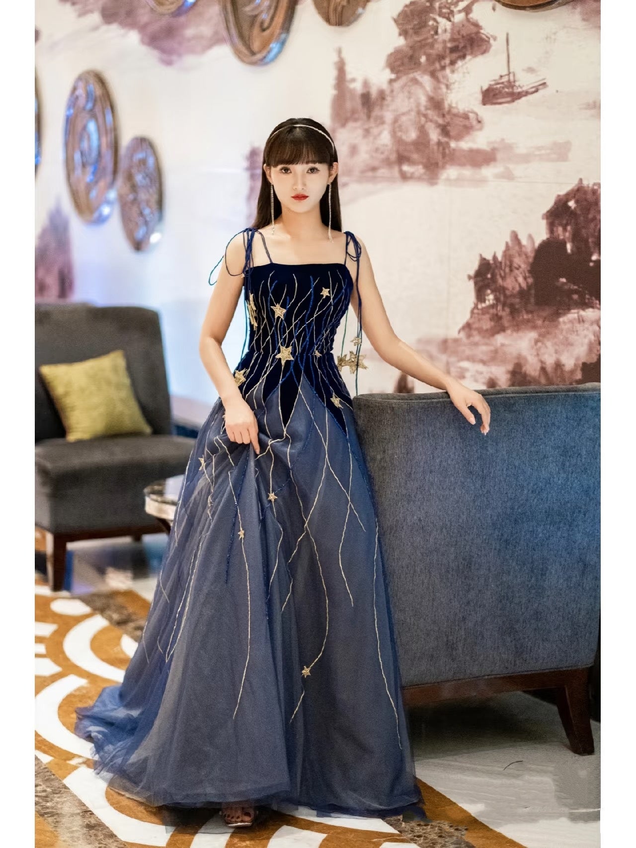 Elegant Navy Blue Spaghetti Strap Long Prom Dress with Star P2228 – PreppyDress