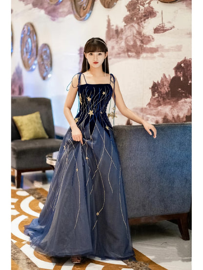 Elegant Navy Blue Spaghetti Strap Long Prom Dress with Star P2228