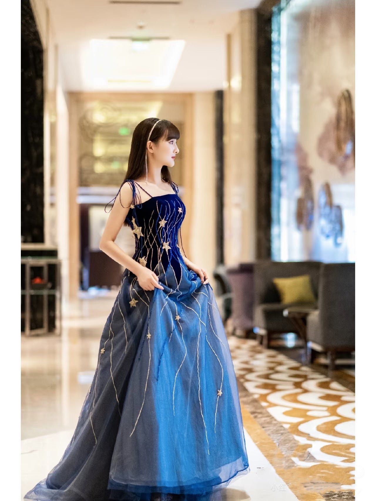 Elegant Navy Blue Spaghetti Strap Long Prom Dress with Star P2228