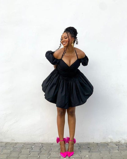 Sexy A line Off The Shoulder Short Sleeves Black Short Homecoming Dres –  PreppyDress