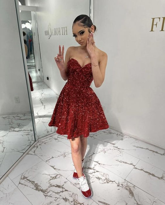 Sexy A line Strapless Burgundy Sequin Short Homecoming Dress P2261