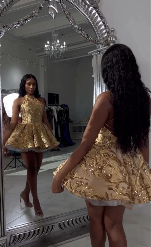 Cute A line Halter Sequin Short Gold Homecoming Dress P2267 PreppyDress Cute A line Halter Sequin Short Gold Homecoming Dress P2267 PreppyDress