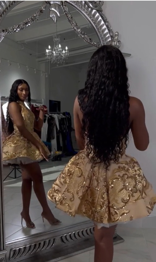 Cute A line Halter Sequin Short Gold Homecoming Dress P2267 PreppyDress Cute A line Halter Sequin Short Gold Homecoming Dress P2267 PreppyDress