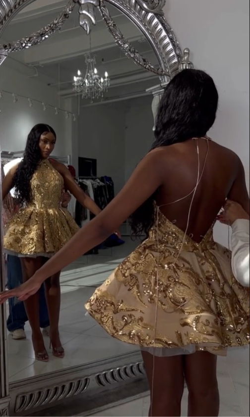 Cute A line Halter Sequin Short Gold Homecoming Dress P2267 PreppyDress Cute A line Halter Sequin Short Gold Homecoming Dress P2267 PreppyDress